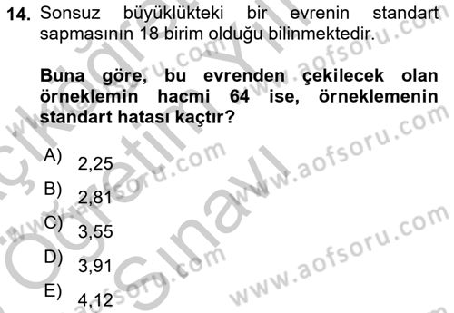 İstatistik Dersi 2018 - 2019 Yılı Yaz Okulu Sınav Soruları 14. Soru