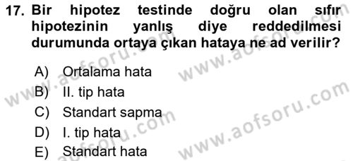 İstatistik Dersi 2018 - 2019 Yılı Yaz Okulu Sınav Soruları 17. Soru