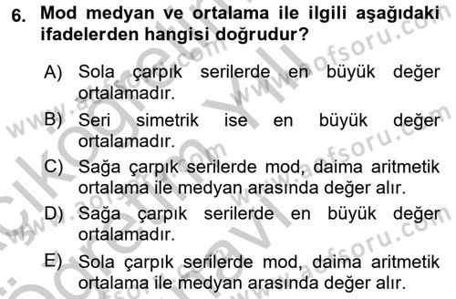 İstatistik Dersi 2018 - 2019 Yılı Yaz Okulu Sınav Soruları 6. Soru