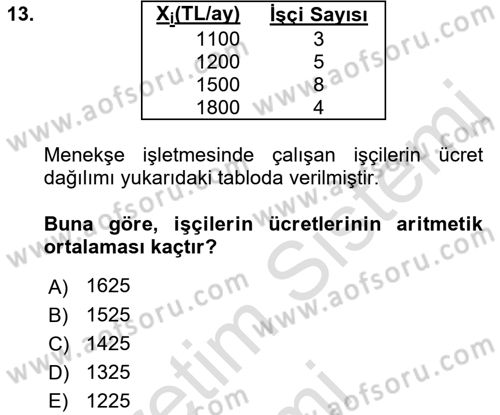 İstatistik Dersi Ara Sınavı Deneme Sınav Soruları 13. Soru