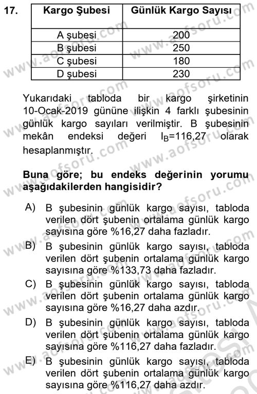 İstatistik Dersi 2019 - 2020 Yılı (Vize) Ara Sınav Soruları 17. Soru
