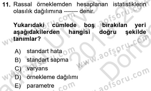İstatistik Dersi 2019 - 2020 Yılı (Final) Dönem Sonu Sınav Soruları 11. Soru