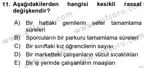 İstatistik Dersi 2020 - 2021 Yılı Yaz Okulu Sınav Soruları 11. Soru