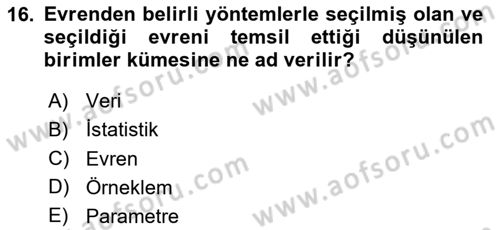 İstatistik Dersi 2020 - 2021 Yılı Yaz Okulu Sınav Soruları 16. Soru