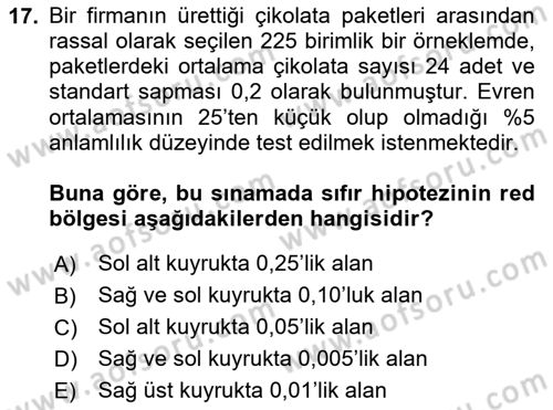 İstatistik Dersi 2020 - 2021 Yılı Yaz Okulu Sınav Soruları 17. Soru