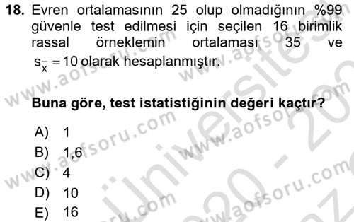 İstatistik Dersi 2020 - 2021 Yılı Yaz Okulu Sınav Soruları 18. Soru