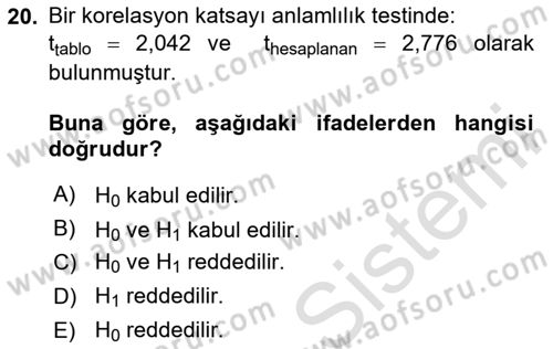 İstatistik Dersi 2020 - 2021 Yılı Yaz Okulu Sınav Soruları 20. Soru