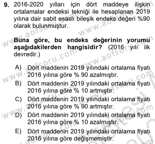 İstatistik Dersi 2020 - 2021 Yılı Yaz Okulu Sınav Soruları 9. Soru