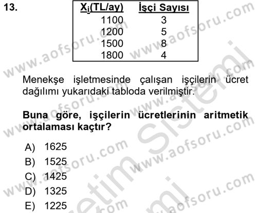 İstatistik Dersi Ara Sınavı Deneme Sınav Soruları 13. Soru