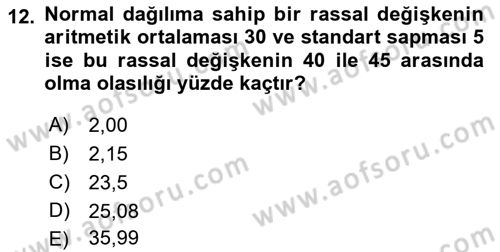 İstatistik Dersi 2021 - 2022 Yılı Yaz Okulu Sınav Soruları 12. Soru