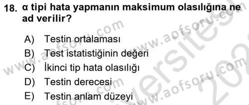 İstatistik Dersi 2021 - 2022 Yılı Yaz Okulu Sınav Soruları 18. Soru