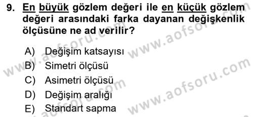 İstatistik Dersi 2021 - 2022 Yılı Yaz Okulu Sınav Soruları 9. Soru
