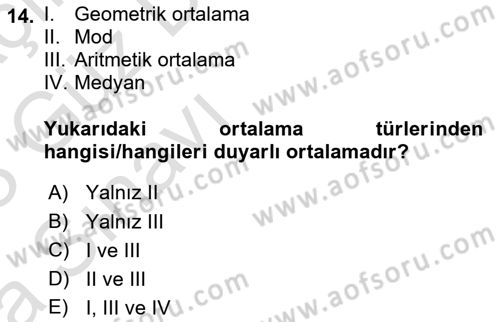 İstatistik Dersi 2022 - 2023 Yılı (Vize) Ara Sınav Soruları 14. Soru