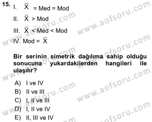 İstatistik Dersi Ara Sınavı Deneme Sınav Soruları 15. Soru