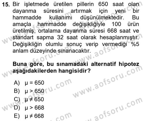 İstatistik Dersi 2022 - 2023 Yılı (Final) Dönem Sonu Sınav Soruları 15. Soru