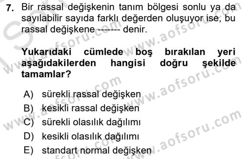 İstatistik Dersi 2022 - 2023 Yılı (Final) Dönem Sonu Sınav Soruları 7. Soru