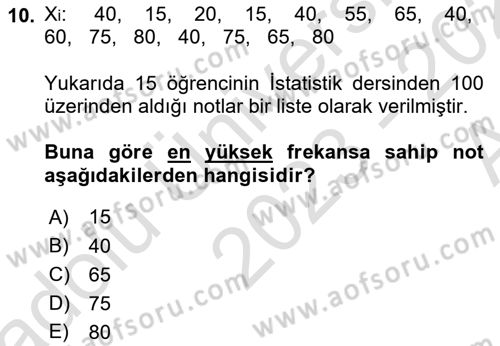 İstatistik Dersi Ara Sınavı Deneme Sınav Soruları 10. Soru