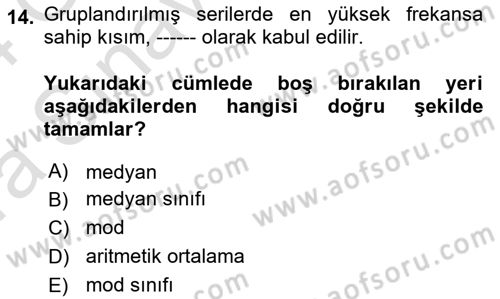 İstatistik Dersi Ara Sınavı Deneme Sınav Soruları 14. Soru