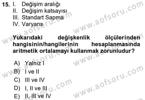 İstatistik Dersi Ara Sınavı Deneme Sınav Soruları 15. Soru