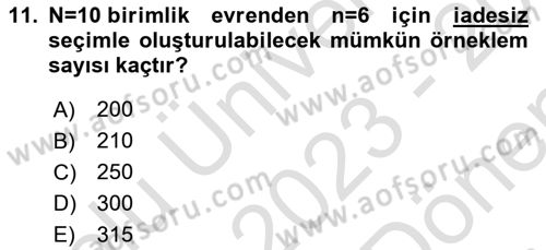 İstatistik Dersi 2023 - 2024 Yılı (Final) Dönem Sonu Sınav Soruları 11. Soru