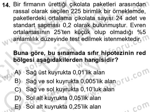İstatistik Dersi 2023 - 2024 Yılı (Final) Dönem Sonu Sınav Soruları 14. Soru