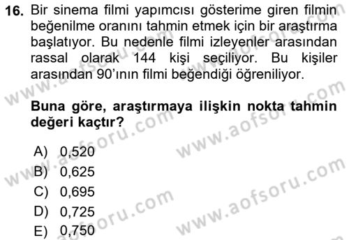 İstatistik Dersi 2023 - 2024 Yılı (Final) Dönem Sonu Sınav Soruları 16. Soru