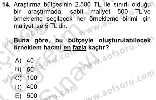 İstatistik Dersi 2023 - 2024 Yılı Yaz Okulu Sınav Soruları 14. Soru