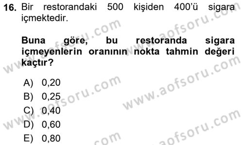 İstatistik Dersi 2023 - 2024 Yılı Yaz Okulu Sınav Soruları 16. Soru