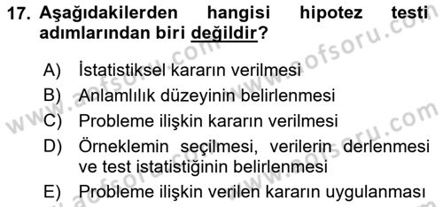 İstatistik Dersi 2023 - 2024 Yılı Yaz Okulu Sınav Soruları 17. Soru