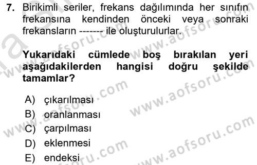 İstatistik Dersi 2024 - 2025 Yılı (Vize) Ara Sınav Soruları 7. Soru