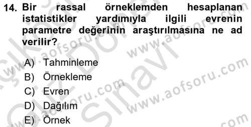 İstatistik Dersi 2024 - 2025 Yılı (Final) Dönem Sonu Sınav Soruları 14. Soru