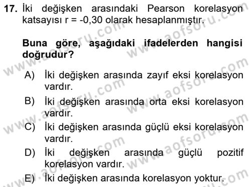 İstatistik Dersi 2024 - 2025 Yılı (Final) Dönem Sonu Sınav Soruları 17. Soru