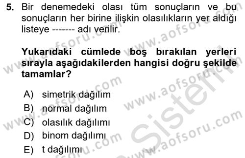 İstatistik Dersi 2024 - 2025 Yılı (Final) Dönem Sonu Sınav Soruları 5. Soru