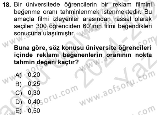 İstatistik Dersi 2024 - 2025 Yılı Yaz Okulu Sınav Soruları 18. Soru