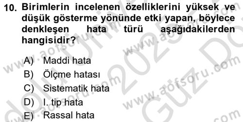 İstatistik Dersi 2025 - 2026 Yılı (Vize) Ara Sınav Soruları 10. Soru