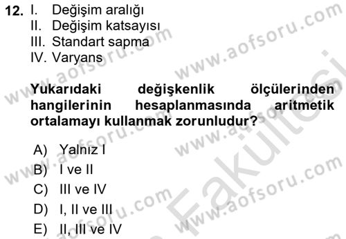 İstatistik Dersi 2025 - 2026 Yılı (Vize) Ara Sınav Soruları 12. Soru