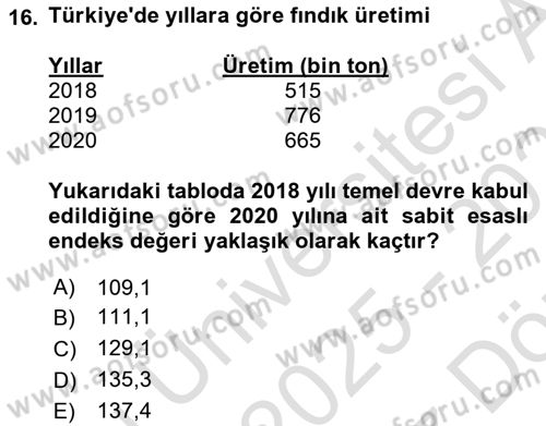 İstatistik Dersi 2025 - 2026 Yılı (Vize) Ara Sınav Soruları 16. Soru
