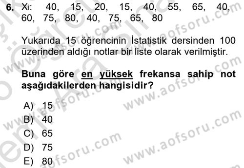 İstatistik Dersi 2025 - 2026 Yılı (Vize) Ara Sınav Soruları 6. Soru