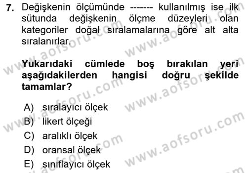 İstatistik Dersi 2025 - 2026 Yılı (Vize) Ara Sınav Soruları 7. Soru