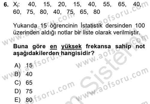 İstatistik Dersi 2025 - 2026 Yılı Yaz Okulu Sınav Soruları 6. Soru