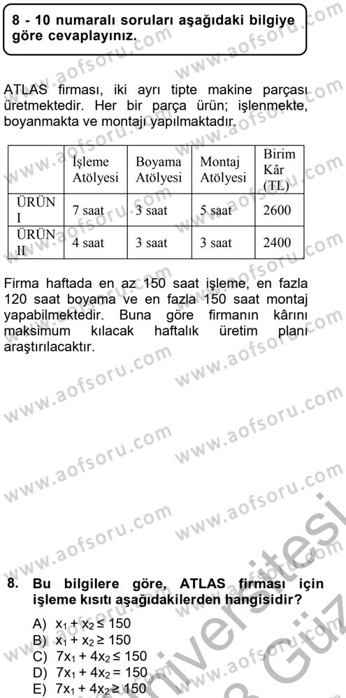 Yöneylem Araştırması 1 Dersi 2012 - 2013 Yılı (Vize) Ara Sınav Soruları 8. Soru