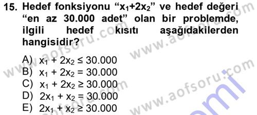 Yöneylem Araştırması 1 Dersi 2012 - 2013 Yılı (Final) Dönem Sonu Sınav Soruları 15. Soru