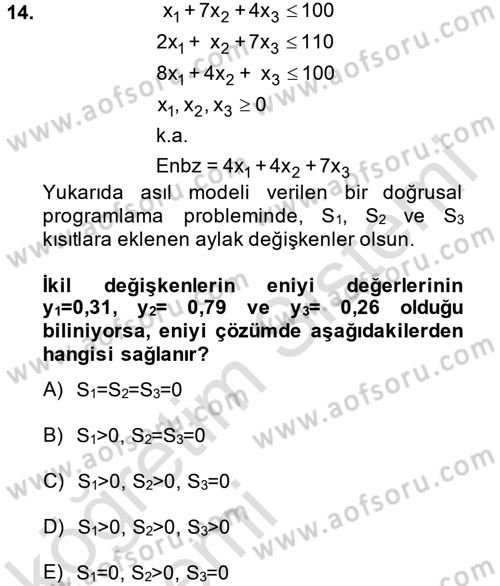 Yöneylem Araştırması 1 Dersi 2013 - 2014 Yılı Tek Ders Sınav Soruları 14. Soru