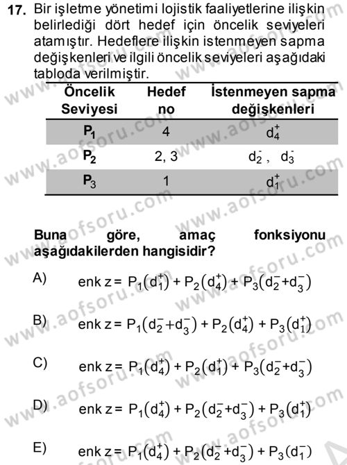 Yöneylem Araştırması 1 Dersi 2013 - 2014 Yılı Tek Ders Sınav Soruları 17. Soru