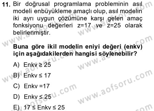 Yöneylem Araştırması 1 Dersi 2014 - 2015 Yılı (Final) Dönem Sonu Sınav Soruları 11. Soru