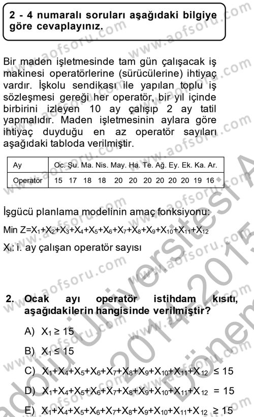 Yöneylem Araştırması 1 Dersi 2014 - 2015 Yılı (Final) Dönem Sonu Sınav Soruları 2. Soru