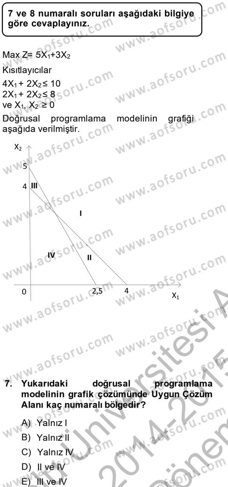 Yöneylem Araştırması 1 Dersi 2014 - 2015 Yılı (Final) Dönem Sonu Sınav Soruları 7. Soru