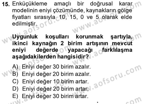 Yöneylem Araştırması 1 Dersi 2014 - 2015 Yılı Tek Ders Sınav Soruları 15. Soru