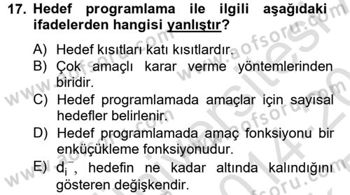 Yöneylem Araştırması 1 Dersi 2014 - 2015 Yılı Tek Ders Sınav Soruları 17. Soru