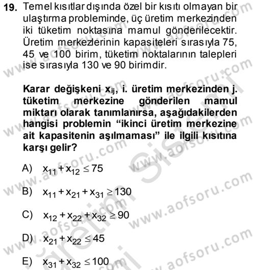 Yöneylem Araştırması 1 Dersi 2014 - 2015 Yılı Tek Ders Sınav Soruları 19. Soru
